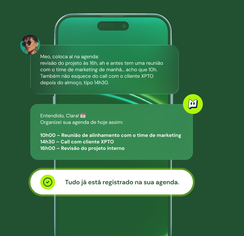 Interface do Meo Chat - Assistente de IA integrado ao WhatsApp com funcionalidades de transcrição de áudio, geração de imagens e automação de tarefas